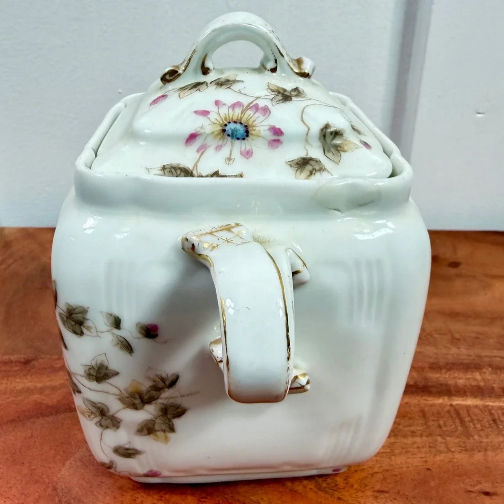 Antique CFH GDM Limoges France Covered Sugar‎ Bowl Lidded Jar Floral Gold 1880s